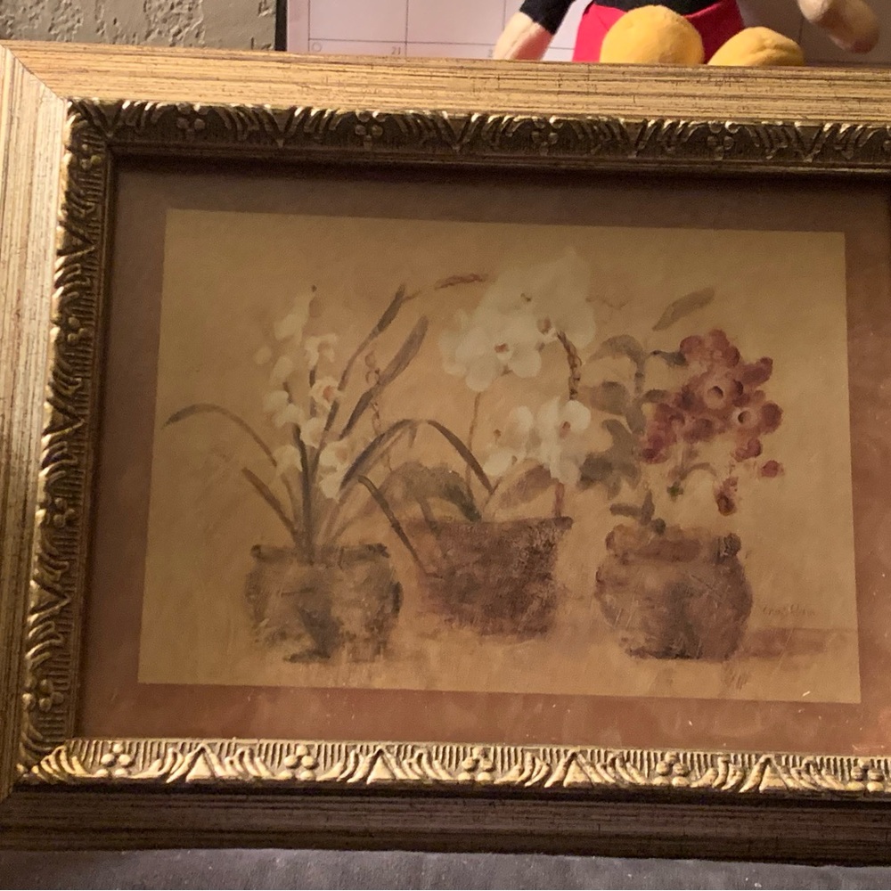 Gold framed Orchid pictures pair